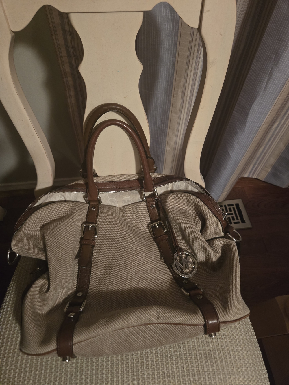 Michael Kors Beige Canvas Tote with Brown Leather Trim